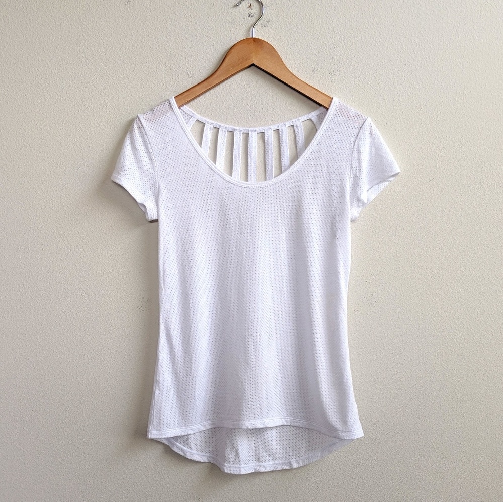 Lorna Jane White Mesh Cage Back Short Sleeve Shirt